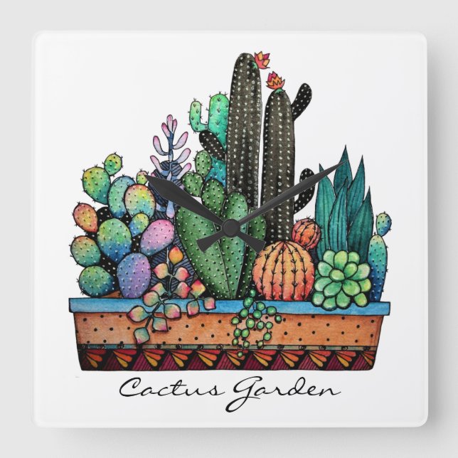 Cute Watercolor Cactus Garden In Pot Quadratische Wanduhr (Vorderseite)