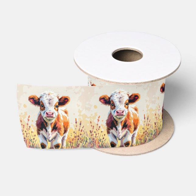 Cute Watercolor Calf In Field Flowers Satinband (Spule)
