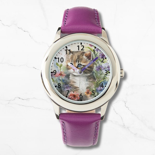 Cute Watercolor Cat Pretty Flowers Girly Armbanduhr (Von Creator hochgeladen)
