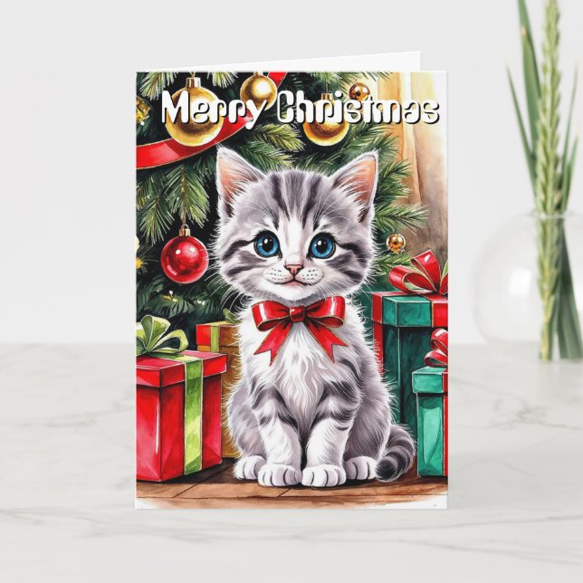 Cute Watercolor Christmas Cat Personalized Greetin Karte (Vorderseite)