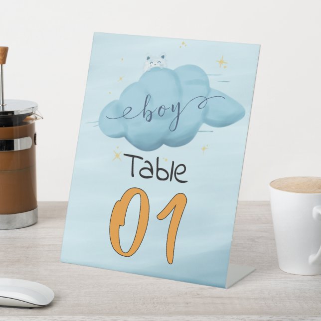 Cute Watercolor Cloud Baby Boy Shower Table Number Sockelschild (In SItu)