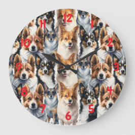 Cute Watercolor Corgi Dog Pattern Große Wanduhr