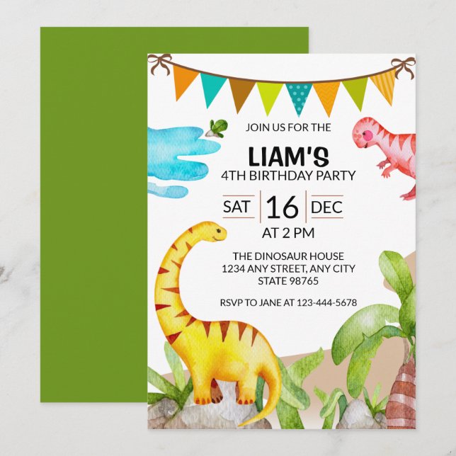 Cute Watercolor Dinosaur Invitation de fête d'anni (Devant / Derrière)