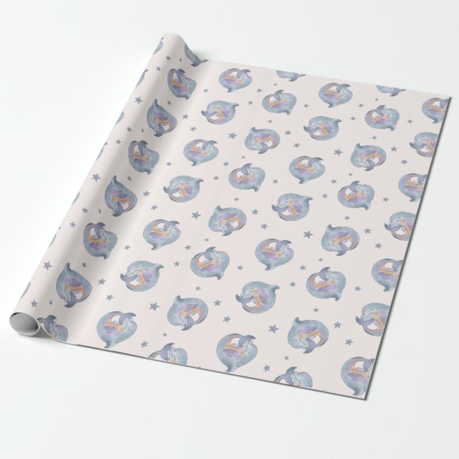 Cute Watercolor Dolphin and Stars Seamless Pattern Geschenkpapier (Ungerollt)