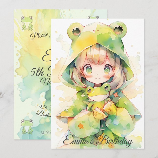 Cute watercolor frog girl birthday einladung (Vorne/Hinten)