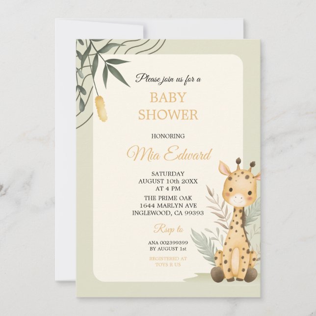Cute Watercolor Giraffe Baby Shower Design Einladung (Vorderseite)