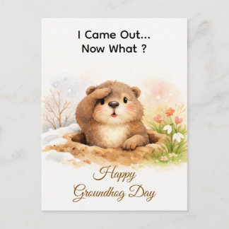 Cute Watercolor Groundhog Popping Out Of Hole Feiertagspostkarte