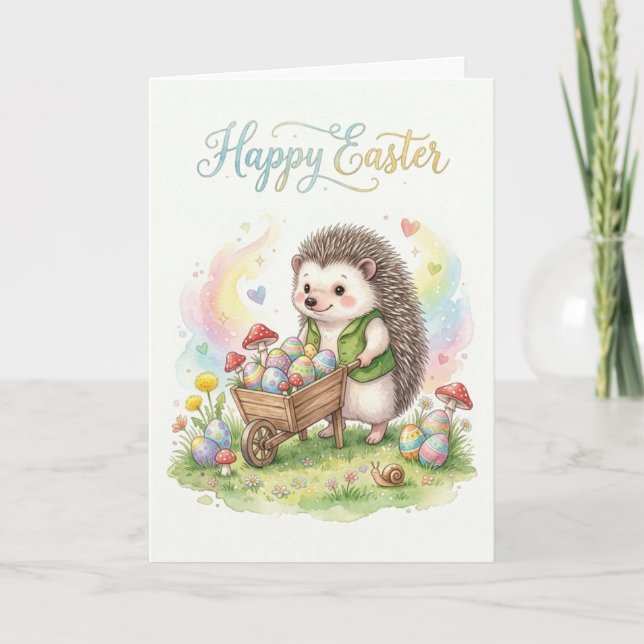 Cute Watercolor Hedgehog Easter Karte (Vorderseite)