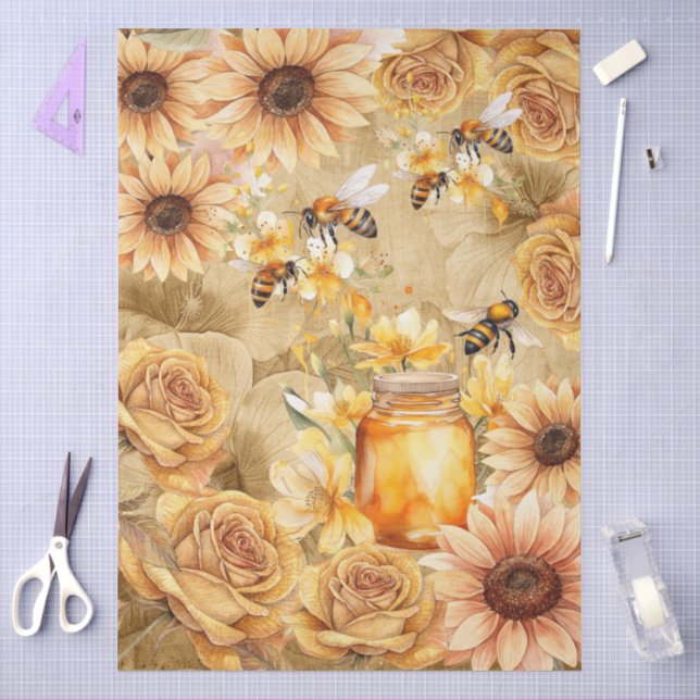Cute Watercolor Honey Bees & Sunflowers Parchment  Seidenpapier (Basteln)