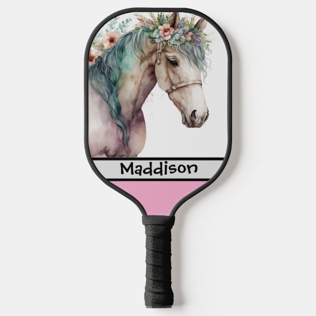 Cute Watercolor Horse Customizable Name  Pickleball Schläger (Vorderseite)