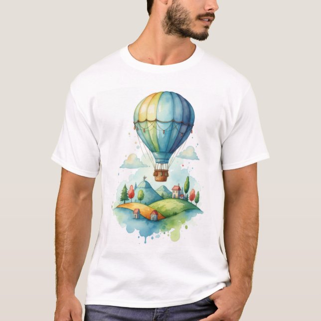 Cute Watercolor Hot Air Balloon T-Shirt (Devant)