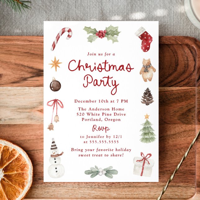 Cute Watercolor Illustrations Christmas Party Einladung (Von Creator hochgeladen)