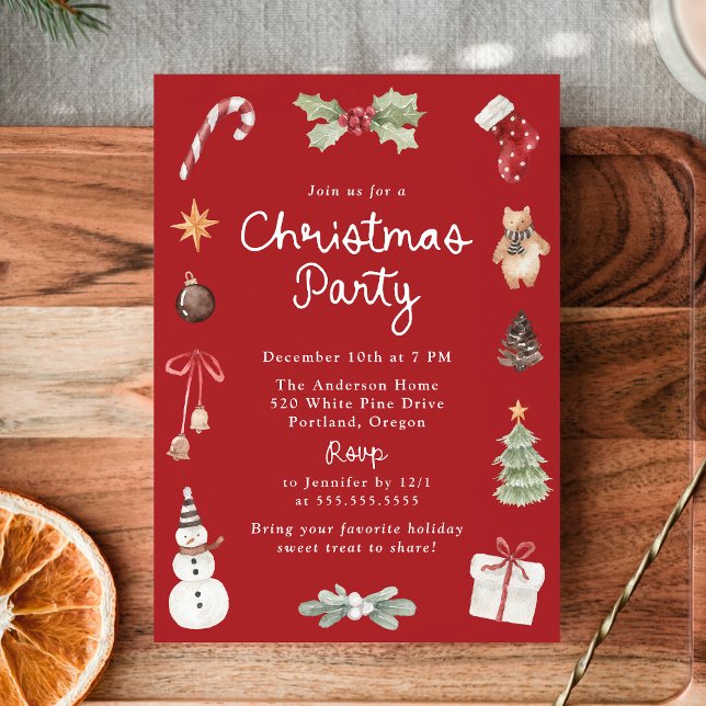 Cute Watercolor Illustrations Red Christmas Party Einladung (Von Creator hochgeladen)