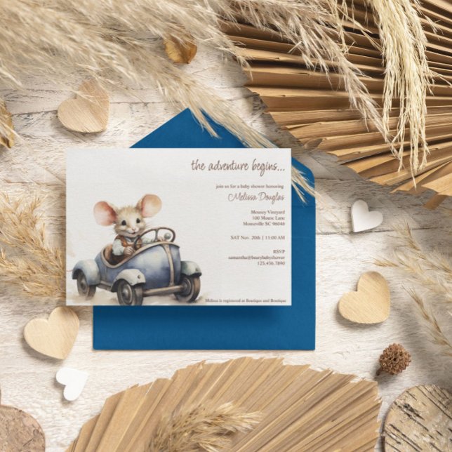 Cute Watercolor Mouse in Blue Car Baby Shower Einladung (Von Creator hochgeladen)
