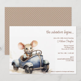 Cute Watercolor Mouse in Blue Car Baby Shower Einladung