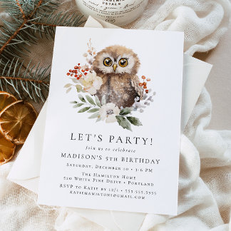 Cute Watercolor Owl Winter Birthday Party Einladung