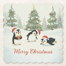 Cute Watercolor Penguins Christmas Forest Untersetzer