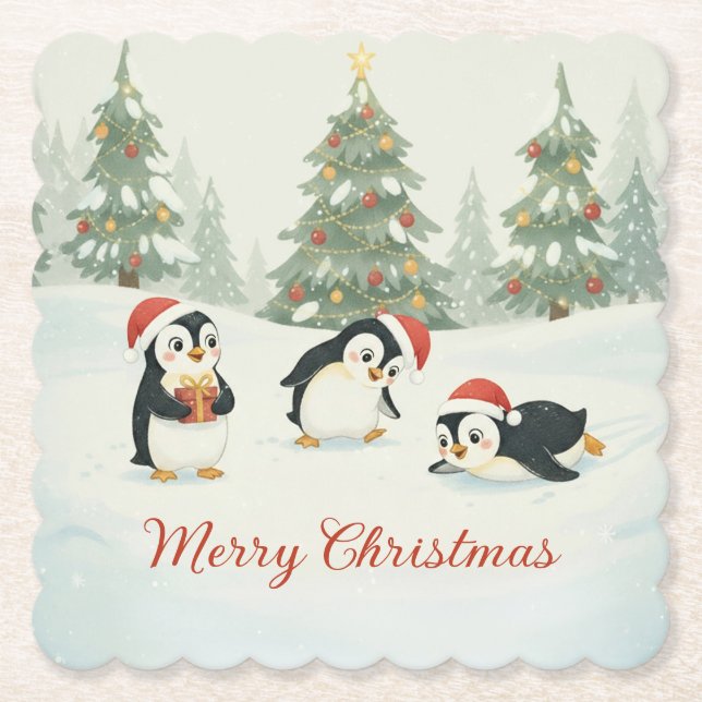 Cute Watercolor Penguins Christmas Forest Untersetzer (Vorderseite)
