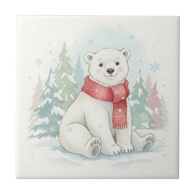 Cute Watercolor Polar Bear Winter  Fliese (Vorderseite)