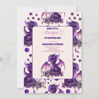 Cute Watercolor Purple Dragon 1st Birthday Einladung