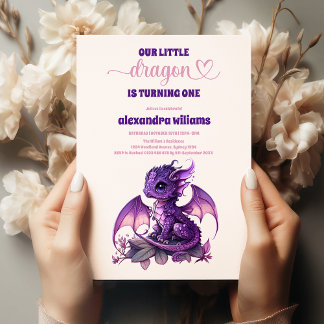 Cute Watercolor Purple Dragon 1st Birthday Einladung