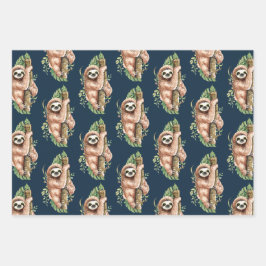 Cute Watercolor Sloth & Tropical Feuille Motif