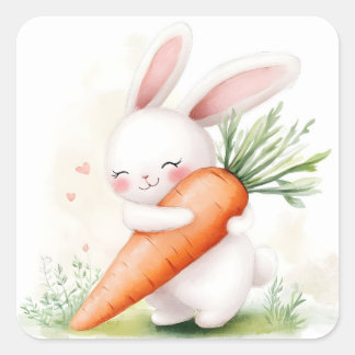 Cute Watercolor Spring Bunny Carrot Quadratischer Aufkleber