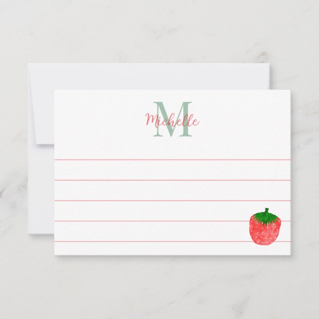 Cute Watercolor Strawberry Custom Lined Monogram Mitteilungskarte (Vorderseite)