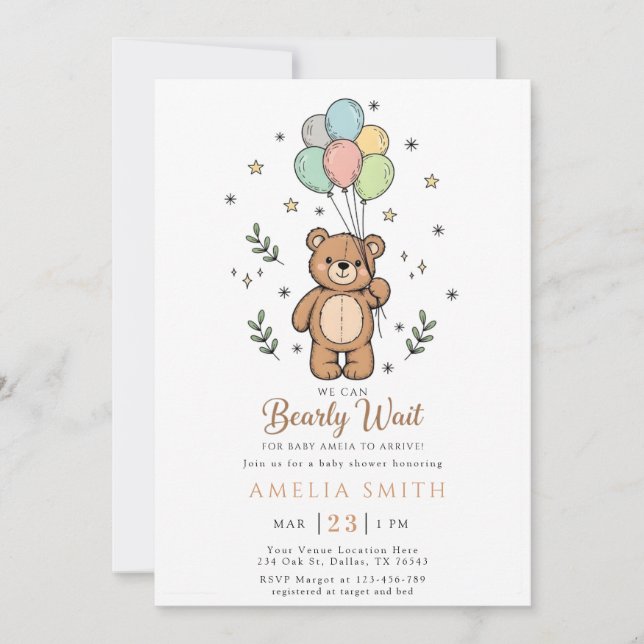 Cute Watercolor Teddy bear Illustration babyshower Einladung (Vorderseite)