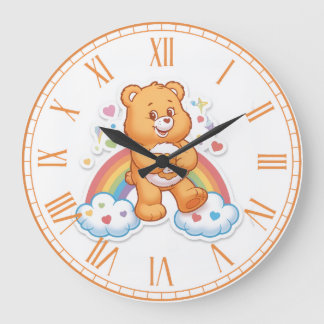 Cute Watercolor Teddy Bear Rainbow Clouds Nursery  Große Wanduhr