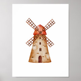 Cute Watercolour Mill Farm Windmill Poster