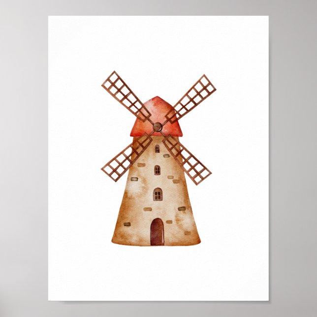 Cute Watercolour Mill Farm Windmill Poster (Devant)