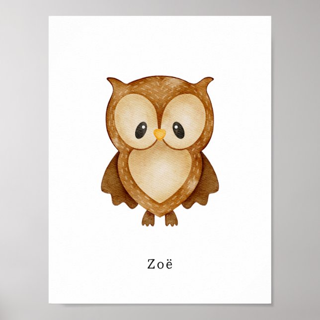 Cute Watercolour Owl Forest Animal Name Poster (Vorne)