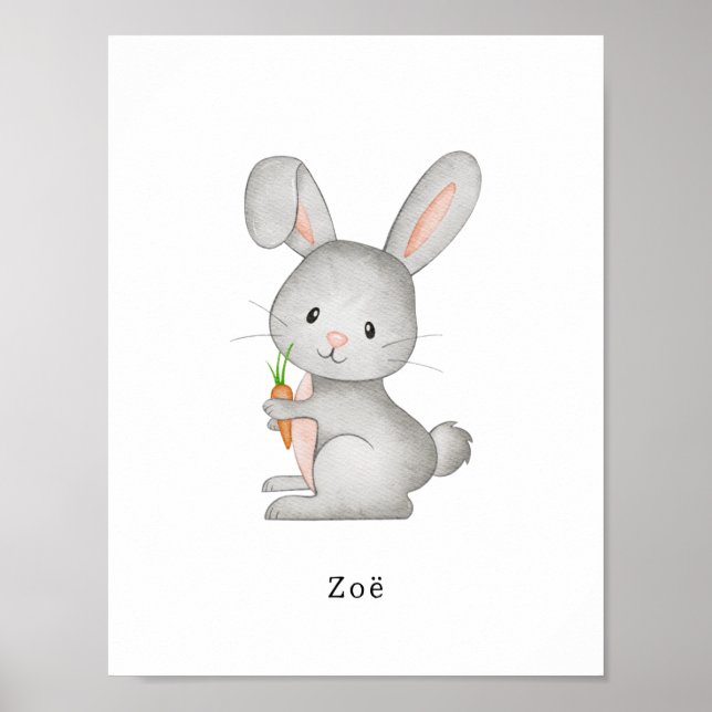 Cute Watercolour Rabbit With A Carrot Name Poster (Vorne)