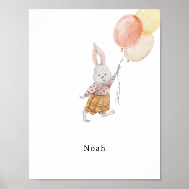 Cute Watercolour Rabbit With Balloons Name Poster (Vorne)