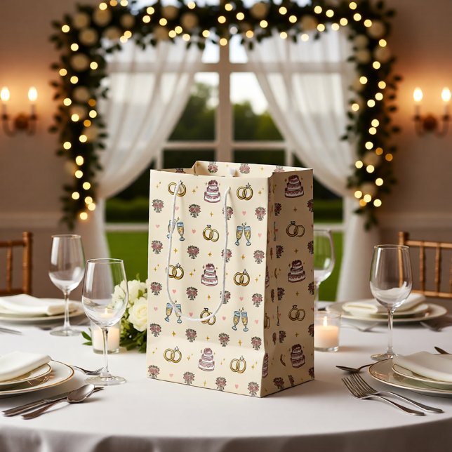 Cute Wedding Rings and Champagne Gift Bag Mittlere Geschenktüte (Von Creator hochgeladen)