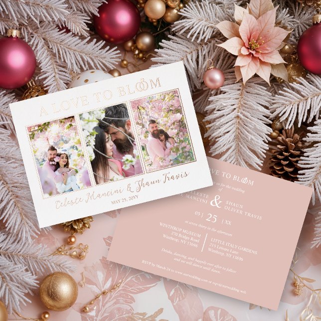 Cute Wedding Rings Luxurious 3 Multi Photos Folieneinladung (Cute Wedding Rings Luxurious 3 Multi Photos in Real Rose Gold Metallic Foil Invitations Cards.)