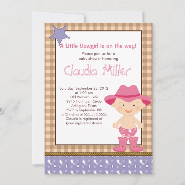 Cute Western Cowgirl Baby Shower Einladung (Vorderseite)