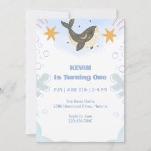 Cute Whale Thème Premier Anniversaire Invitation