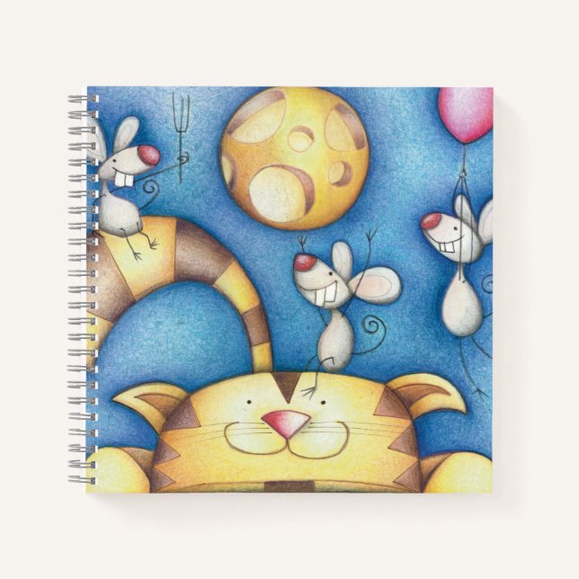 Cute Whimsical Cat and Mouse Moon Art Notizbuch (Vorderseite)