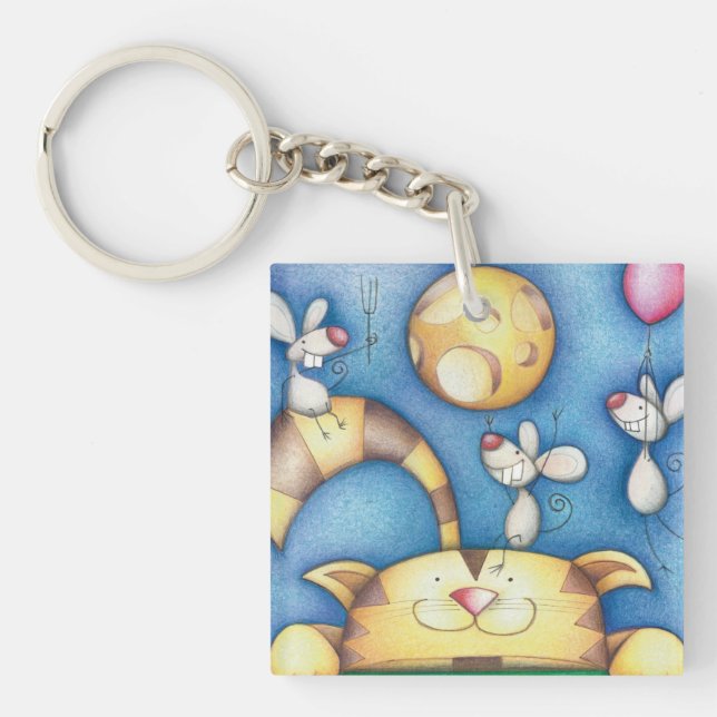 Cute Whimsical Cat and Mouse Moon Art Schlüsselanhänger (Vorderseite)