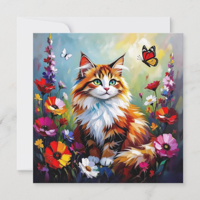 Cute Whimsical  Cat, Flowers and Butterflies Karte (Vorderseite)