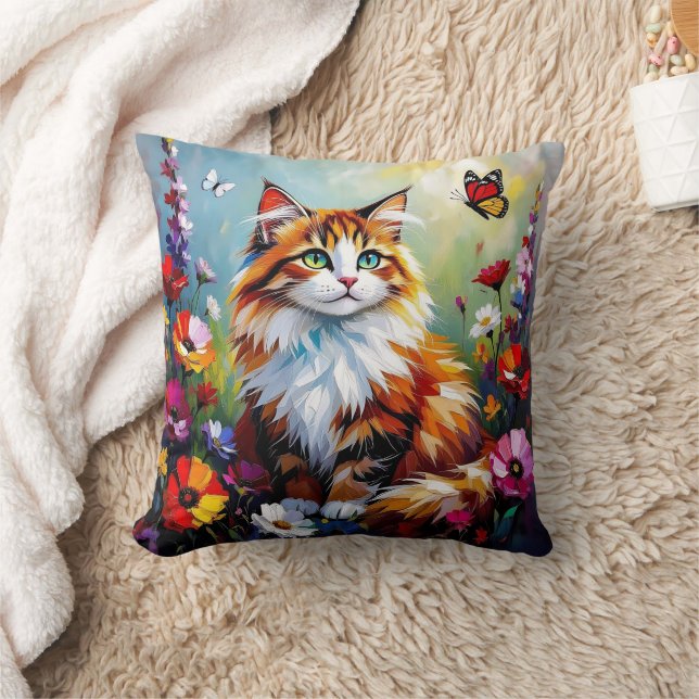 Cute Whimsical  Cat, Flowers and Butterflies Kissen (Decke)