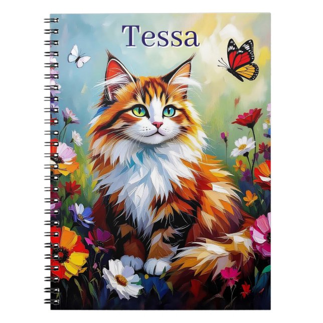 Cute Whimsical  Cat, Flowers and Butterflies Notizblock (Vorderseite)