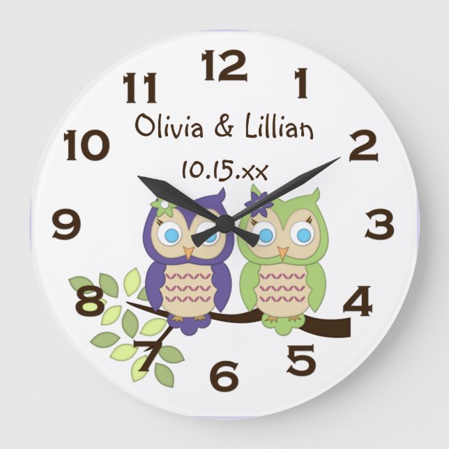 Cute Whimsical Girl Owl Twins Wall Clock Große Wanduhr (Vorderseite)