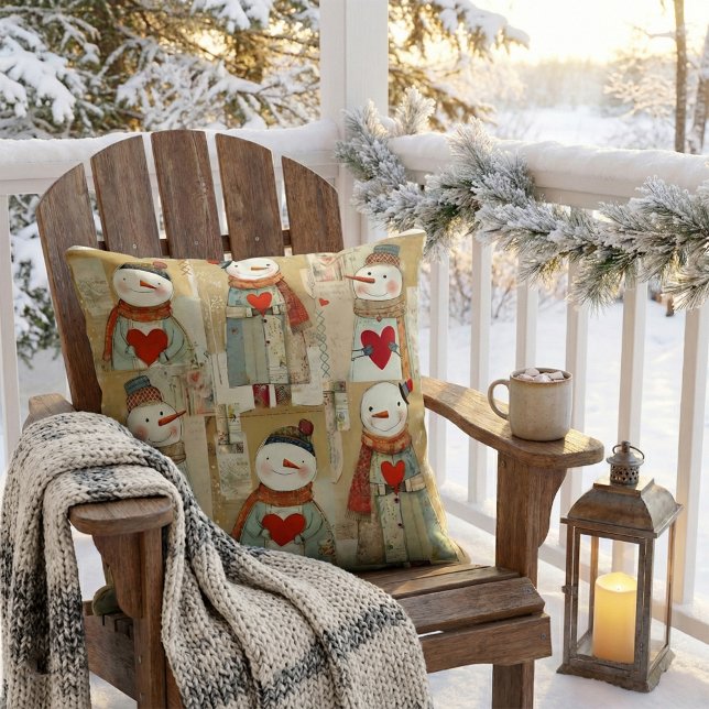 Cute Whimsical Hearts Snowman Winter Kissen (Pillow showing cute illustrations of snowmen with warm red hearts. With lovely earth tones)
