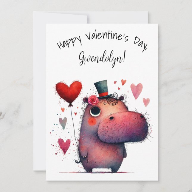Cute Whimsical Hippo Valentine's Day Flat Karte (Vorderseite)