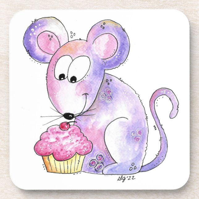 Cute Whimsical Mouse with a Cupcake Getränkeuntersetzer (Vorderseite)