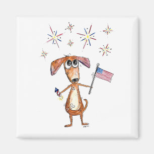 Cute Whimsical Patriotic Dog with Flag Magnet
