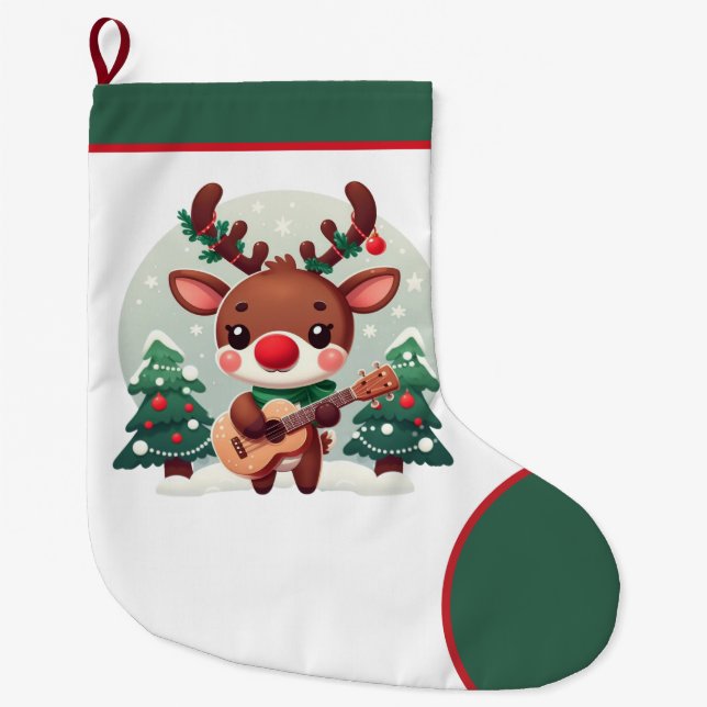 Cute Whimsical Reindeer with guitar Großer Weihnachtsstrumpf (Vorderseite)